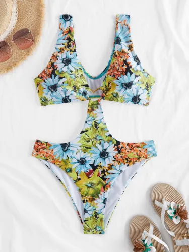Floral Print Plunging O Ring Cut Out Swimsuit