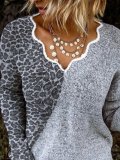 Gray Long Sleeve Cotton-Blend Ruffled Sweater