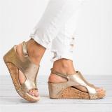 Plus Size Peep Toe PU Wedges Blocking Hook-Loop Wedge Sandals