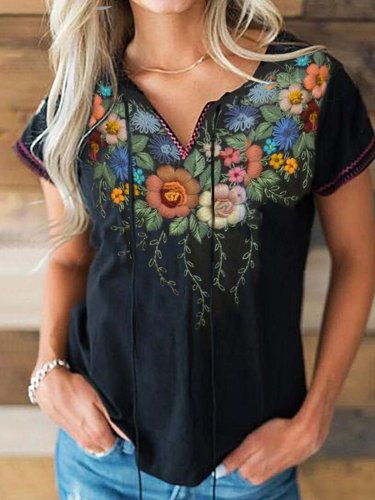 V Neck Short Sleeve Vintage Floral Shirts & Tops