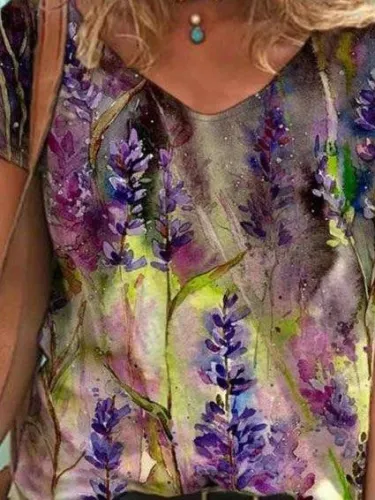 V Neck Floral-Print Short Sleeve Casual Shirts & Tops