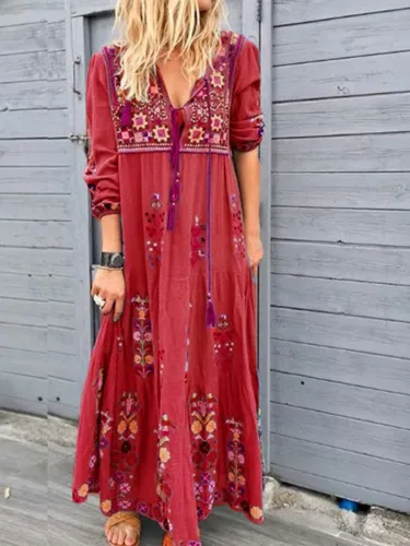 Blue Casual Patchwork Cotton-Blend V Neck Dresses
