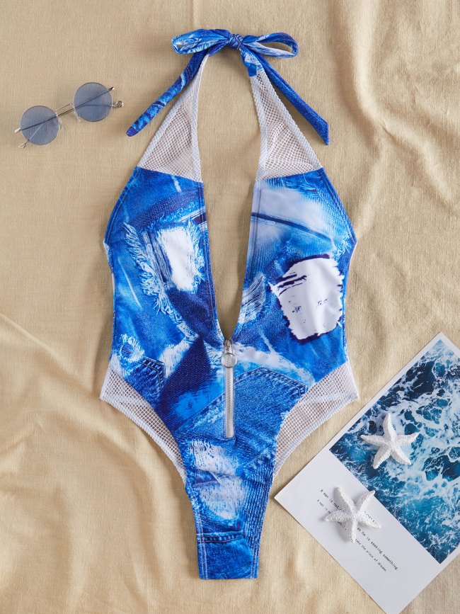 Ripped Denim Print Zipper Decor Plunge Halter Neck Swimsuit