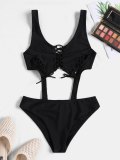 Solid Lace-up One-Piece Swimwear