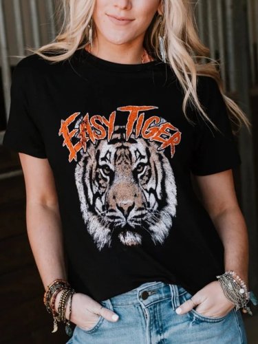Western style casual plus size loose tiger head print pattern short sleeve round neck T-shirt