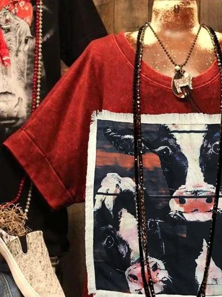 Red Printed Crew Neck Vintage Shirts & Tops