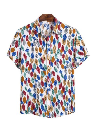 Men's Retro Colorful Leaf Print Button Up Shirt