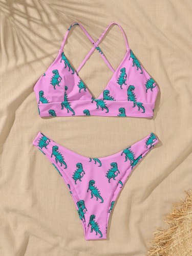 Dinosaur Graphic V-Neck Backless Bikini