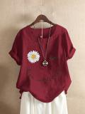 Sun Flower Alphabet Printed Cotton Blended Casual Short Sleeve Top