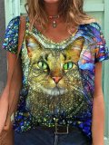 Glass Painting Cat Floral-Print V Neck Short Sleeve Shirts & Tops