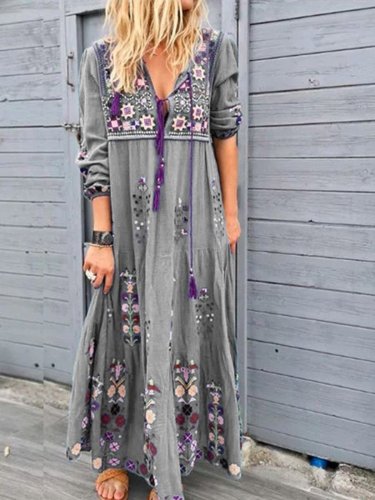 Blue Casual Patchwork Cotton-Blend V Neck Dresses