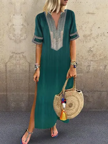 V neck Green Shift Women Daily Statement Half Sleeve Slit Solid Summer Dress