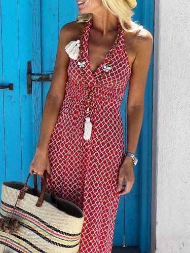 Red Halter Casual Geometric Floral-Print Dresses
