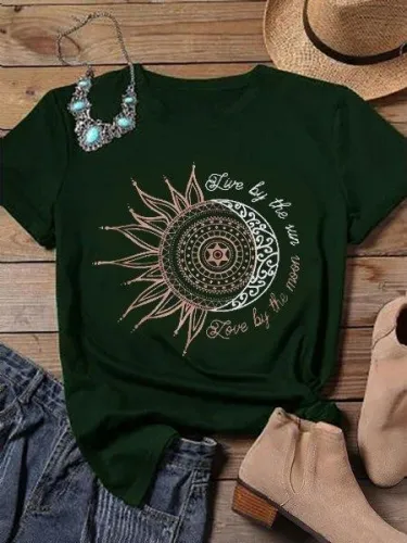 Vintage Short Sleeve Sun Letter Printed Plus Size Casual Tops