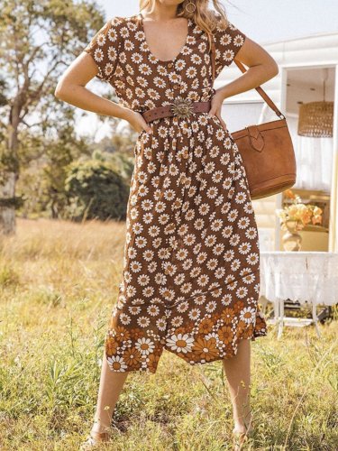 Nature Daisy A-Line Boho Short Sleeve Scoop Neckline Dresses