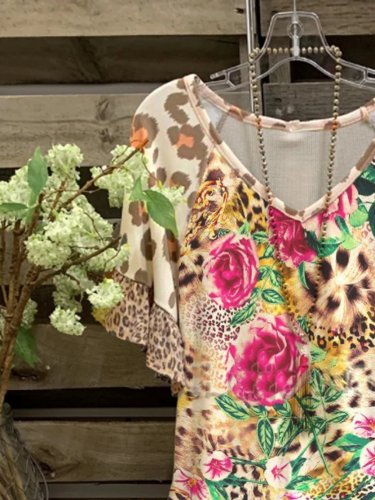 Casual Leopard Flower Short Sleeve Shirts & Tops