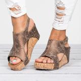 Plus Size Peep Toe PU Wedges Blocking Hook-Loop Wedge Sandals