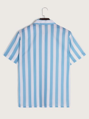 Men's Navy Stripe Button Short Sleeve Shirt
