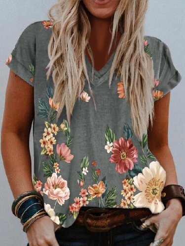 V Neck Floral Casual Short Sleeve Shirts & Tops
