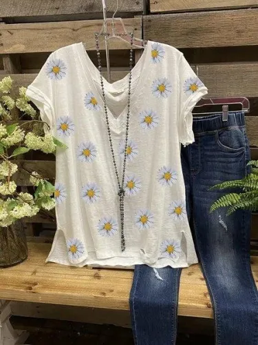 Cotton-Blend Floral V Neck Casual Shirts & Tops