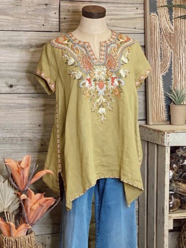 Vintage Short Sleeve Crew Neck Geometric Shirts & Tops