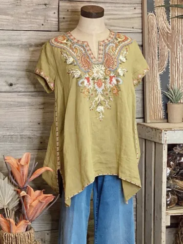 Vintage Short Sleeve Crew Neck Geometric Shirts & Tops