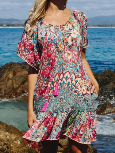 Red Holiday Cotton-Blend Printed Dresses