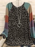 Leopard Casual Round Neck Geometric Cotton-Blend Shirts & Tops