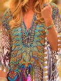 Vintage 3/4 Sleeve Batwing Boho Floral Printed V Neck Plus Size Casual Dresses