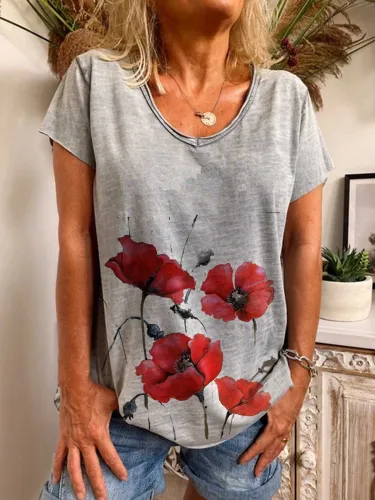 Gray Short Sleeve Printed Cotton Shirts & Tops