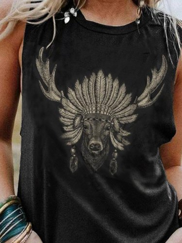 Plus Size Tribal Crew Neck Casual Sleeveless Cotton-Blend Shirts & Tops