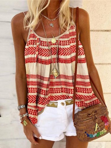 Red Sleeveless Casual Striped Cotton-Blend Shirts & Tops