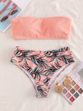 Ribbed Leaf Print Bandeau Bikini