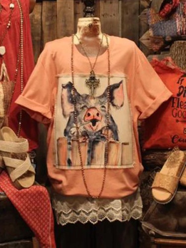 Red Printed Crew Neck Casual Shirts & Tops