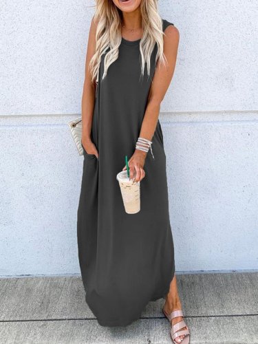Plus Size Solid Casual  Round Neck Sleeveless Dresses