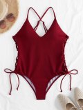Ribbed Side Lace Up One-Piece Swimsuit