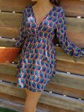 Mysterious Peacock Blue Boho Geometric Vintage Long Sleeve Dresses