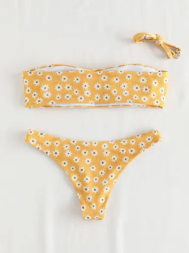 Ribbed Daisy Print Bandeau Bikini