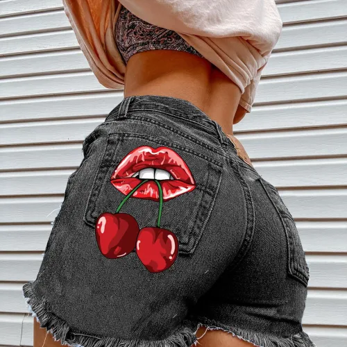 Fashion Wash Blue Jeans shorts chreey mouth