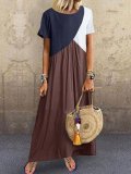 Crew Neck Brown Women  Shift Beach Cotton-Blend Shift Color-block,Leather-paneled Dresses