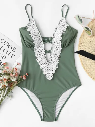 Lace Plunge Collar One-Piece Swimsuit