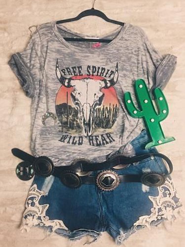 Gray Shift Crew Neck Short Sleeve Printed Shirts & Tops