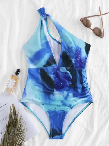 One Shoulder Galaxy Printed Cut Out One-Piece Swimwear
