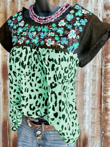 Short Sleeve Leopard Paneled Cotton-Blend Shirts & Tops