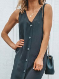 Casual Plus Size Button Down V Neck Sleeveless Maxi Dresses