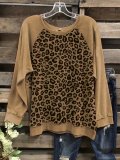 Leopard Long Sleeve Round Neck Cotton-Blend Shirts & Tops