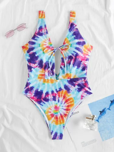 Spiral Tie Dye Plunging Collar One-Piece Swimsuit