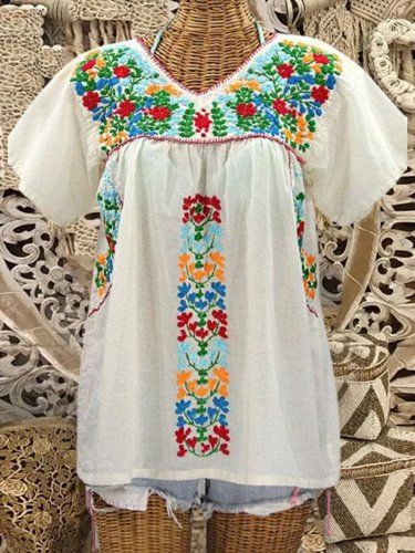Casual Short Sleeve Floral V Neck Shirts & Tops