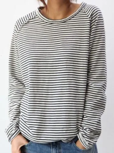 White-Black Long Sleeve Cotton Simple & Basic Shirts & Tops