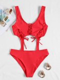 Solid Lace-up One-Piece Swimwear